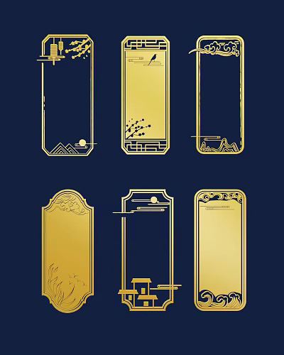 Golden Lines Outlining Six Decorative Frames With Landscapes Plants On Dark Blue Background 3d model
