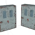 Two Rusted Metal Industrial Electrical Distribution Boxes With Glass Windows And Lightning Symbols On Doors