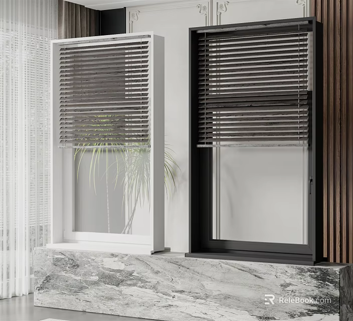 White and Black Window Blinds in Modern Interior with Marble Countertop and Wooden Wall 3d model 