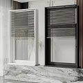 White and Black Window Blinds in Modern Interior with Marble Countertop and Wooden Wall