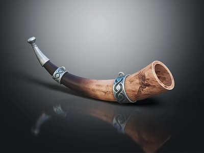 Handcrafted Wooden Musical Horn With Silver Decorative Bands And Carved Eagle Pattern 3d model
