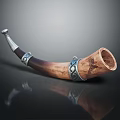 Handcrafted Wooden Musical Horn With Silver Decorative Bands And Carved Eagle Pattern