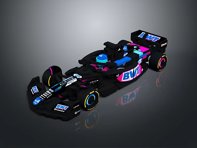 F1 Race Car With Black Blue Pink Livery BVV Logo Streamlined Body And Colorful Wheels 3d model