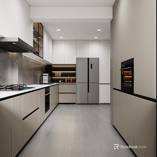 Modern Kitchen Interior With White Cabinets Gray Walls And Stainless Steel Appliances 3d model 