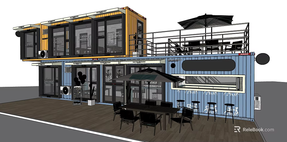 Modern Two Story Container Building With Terrace Outdoor Dining Area And Umbrellas 3d model 