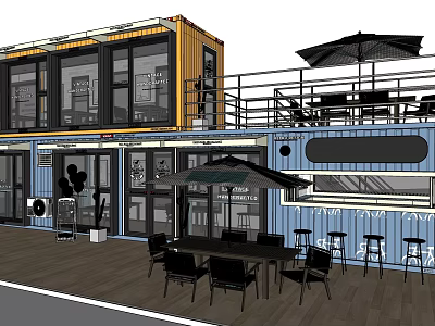 Modern Two Story Container Building With Terrace Outdoor Dining Area And Umbrellas 3d model