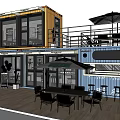 Modern Two Story Container Building With Terrace Outdoor Dining Area And Umbrellas