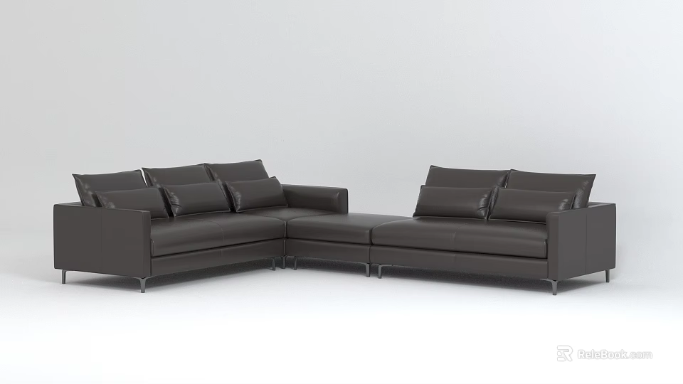 Dark Leather Sectional Sofa With Multiple Cushions Modern Living Room Design 3d model