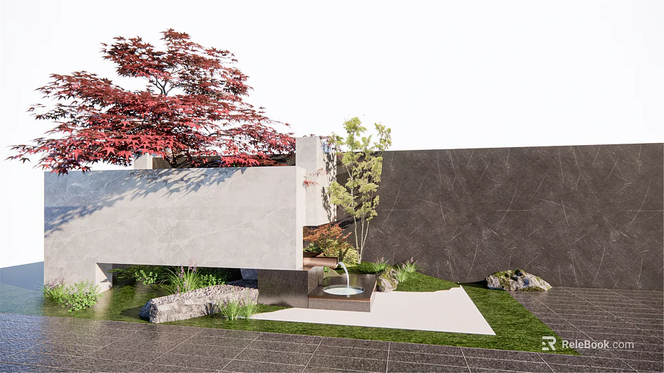 Modern Landscape Wall Design With Red Maple Tree Small Green Tree Grass And Stone Pavement 3d model