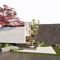 Modern Landscape Wall Design With Red Maple Tree Small Green Tree Grass And Stone Pavement 3d model
