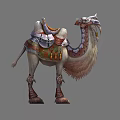 Armored Camel With Decorative Saddle Colorful Blanket Leather Tassels Standing Pose