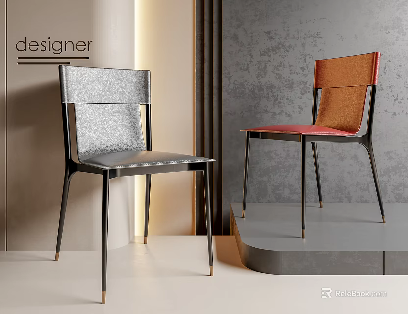 Two Modern Designer Dining Chairs With Gray And Orange Leather Seats In 3d model 