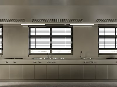 Modern Industrial Kitchen With Gray Cabinets Long Countertop And Window Blinds 3d model