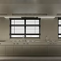 Modern Industrial Kitchen With Gray Cabinets Long Countertop And Window Blinds