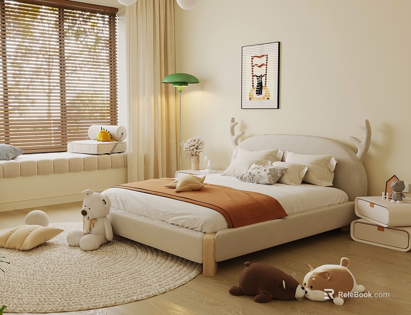 Cozy Kids Bed with Antler Headboard Soft Pillows Orange Blanket and Plush Toys 3d model 