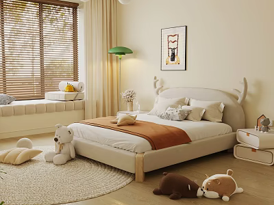Cozy Kids Bed with Antler Headboard Soft Pillows Orange Blanket and Plush Toys 3d model