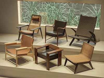 Stylish Leisure Chairs In Various Styles With Wooden Frames Woven Seats And Green Plants View 3d model
