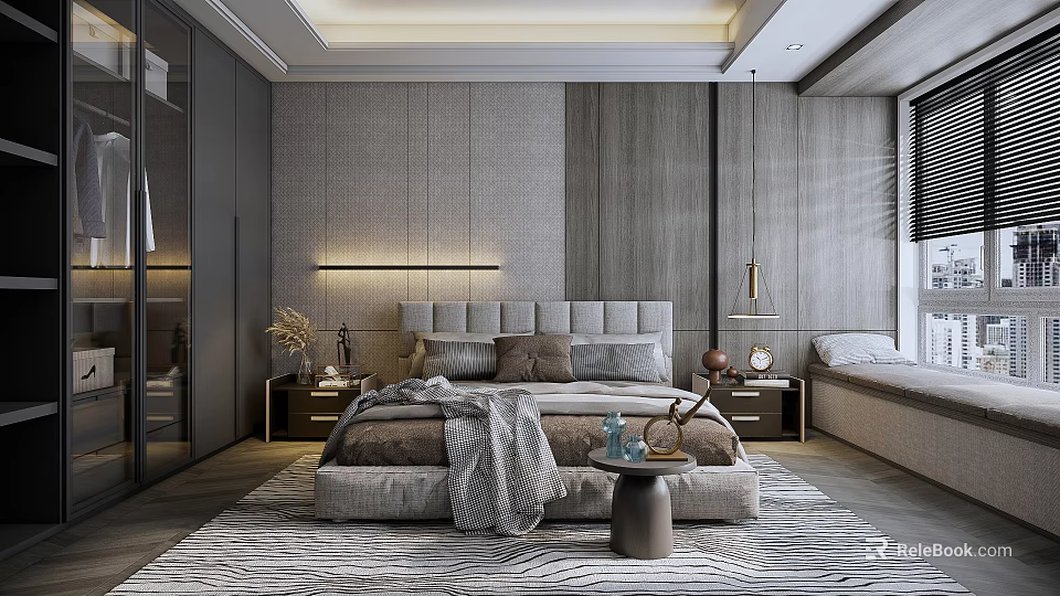 Modern Bedroom Interior Design With Gray Upholstered Headboard Pillows And Zebra Print Rug 3d model 