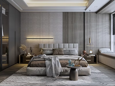 Modern Bedroom Interior Design With Gray Upholstered Headboard Pillows And Zebra Print Rug 3d model