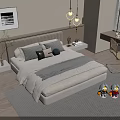 Modern Double Bed in Minimalist Bedroom with Upholstered Headboard Pillows Nightstand and Table Lamp