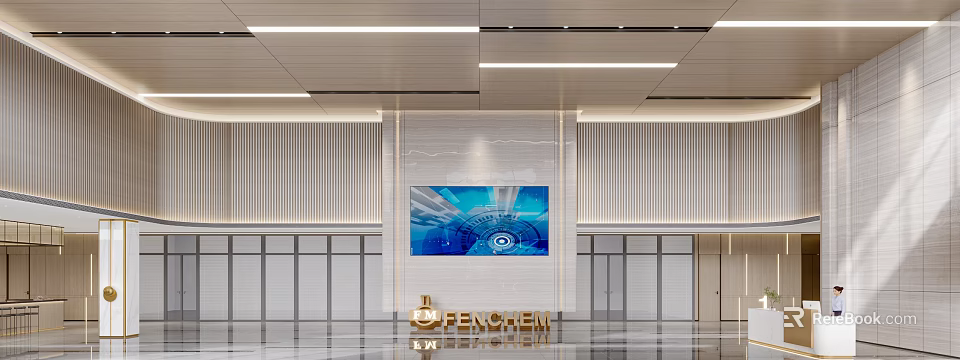 Modern Front Desk Reception Area With FENCHEM Logo Display Screen And Lobby Lighting 3d model 