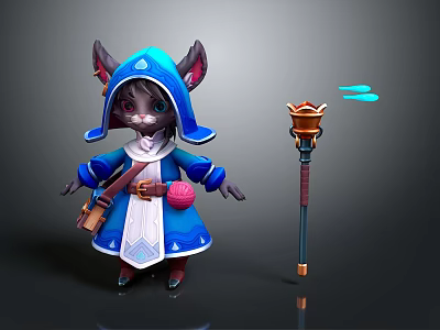 Game Movie Character Cat Like In Blue Hooded Cloak With Magic Flaming Staff And Bag 3d model