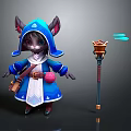 Game Movie Character Cat Like In Blue Hooded Cloak With Magic Flaming Staff And Bag