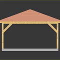 Wooden Pavilion Structure With Red Checkered Roof And Wooden Pillars On Gray Platform