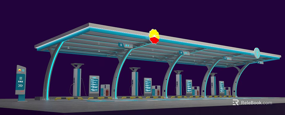 Covered Parking Lot With Multiple EV Charging Stations And Blue Lighting Logo 3d model