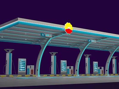 Covered Parking Lot With Multiple EV Charging Stations And Blue Lighting Logo 3d model