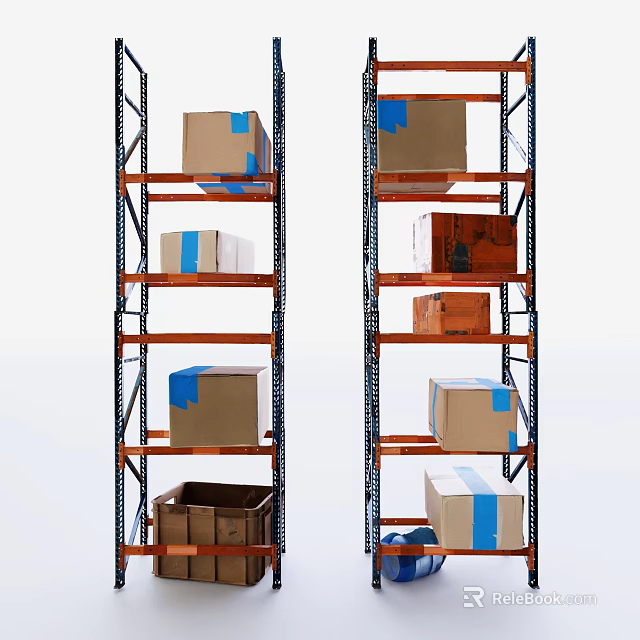 Industrial Storage Racks With Multiple Shelves Holding Cardboard Boxes And Blue Tape 3d model 