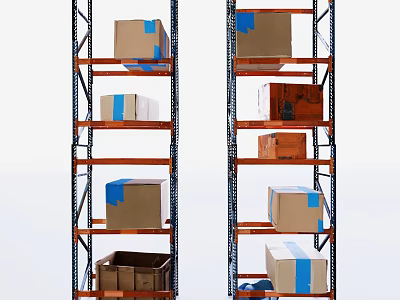 Industrial Storage Racks With Multiple Shelves Holding Cardboard Boxes And Blue Tape 3d model