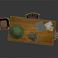 Rustic Wooden Furniture Set With Table Chair Green Vase Stacked Books And Small Basket