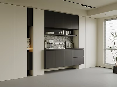 Modern Built in Wine Cabinet Design With Black And Beige Shelves And Storage Cabinets In Bright Room 3d model