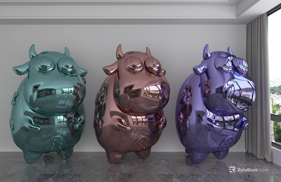 Three Colorful Metallic Cow Shaped Modern Art Installations With Glossy Finish 3d model 