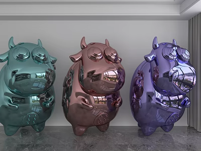 Three Colorful Metallic Cow Shaped Modern Art Installations With Glossy Finish 3d model