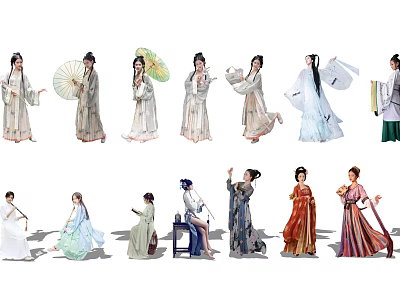 Group of People in Traditional Chinese Ancient Style Costumes with Various Poses 3d model