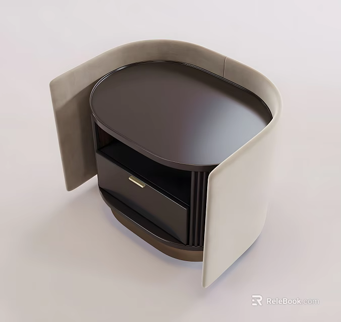 Modern Round Side Table With Dark Top Light Upholstered Panels And Drawer 3d model 