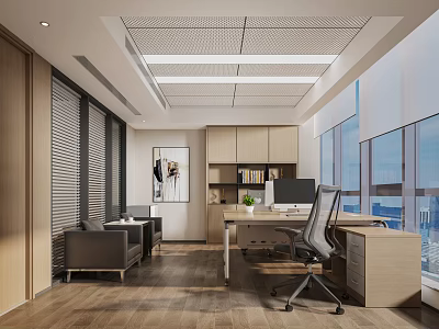 Modern Office Interior With Large Windows City View Desk Computer Sofa Bookshelf And Wooden Flooring 3d model