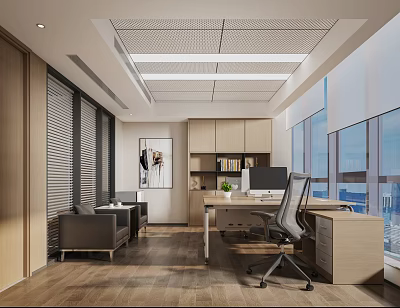 Modern Office Interior With Large Windows City View Desk Computer Sofa Bookshelf And Wooden Flooring 3d model