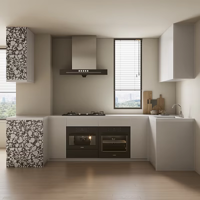 Modern Kitchen Interior With White Cabinets Dark Ovens And Marble Accents 3d model