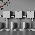 Modern Bathroom Interior with Wall Mounted Toilet Tanks and Squat Toilets with Decorative Plants
