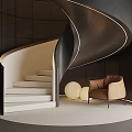 Modern Spiral Staircase With Curved Design Dark Wooden Walls White Steps Armchair And Round Lamps
