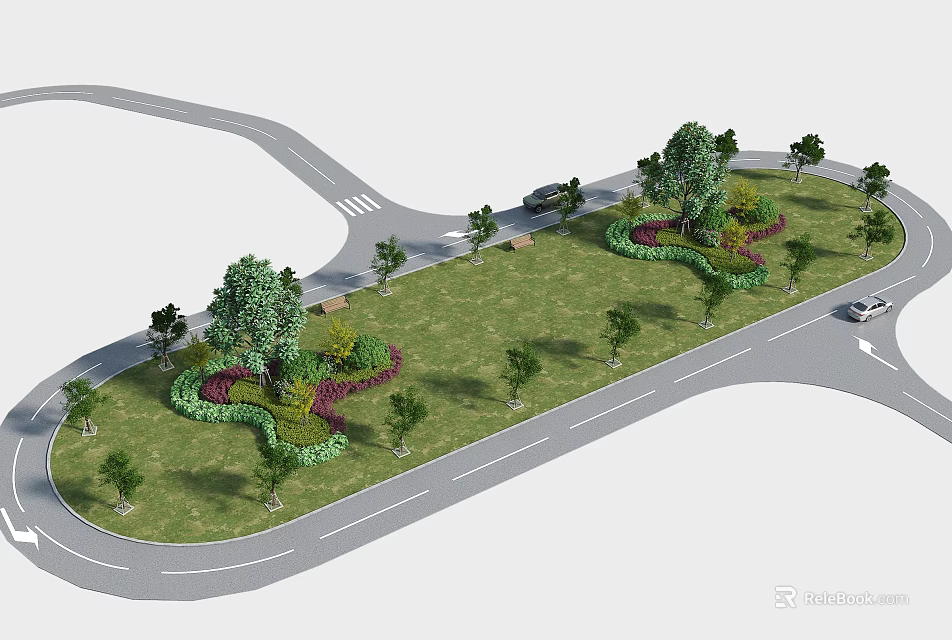 Roadside Garden Landscaping at Intersection with Lawn Trees and Shaped Plants 3d model