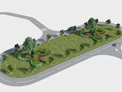 Roadside Garden Landscaping at Intersection with Lawn Trees and Shaped Plants 3d model