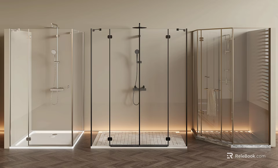 Modern Shower Head Designs With Glass Enclosures And Various Bathroom Styles 3d model 