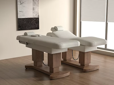 Two White Massage Chairs With Wooden Base In Room With Wooden Floor And Window Blinds 3d model