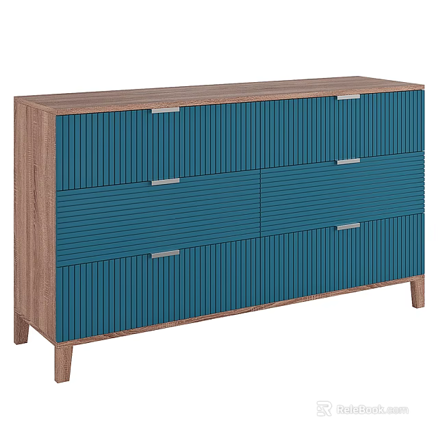 Modern Blue Console Cabinet With Vertical Slatted Drawers And Wooden Legs 3d model 