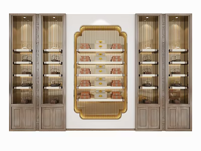 Elegant Chinese Style Wooden Display Cabinet with Golden Lattice Design and Multiple Shelves 3d model