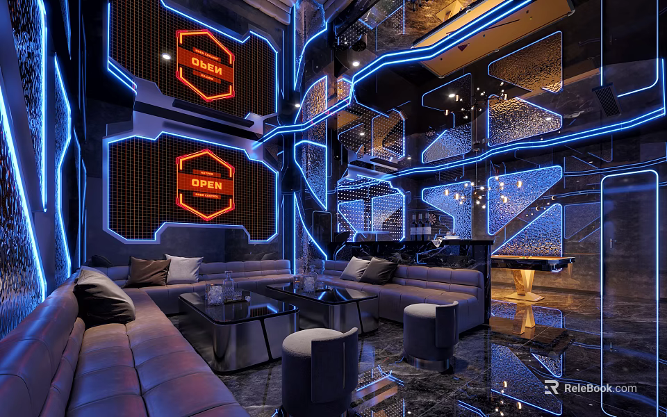 Modern KTV Interior With Neon Lights And Sofas 3d model